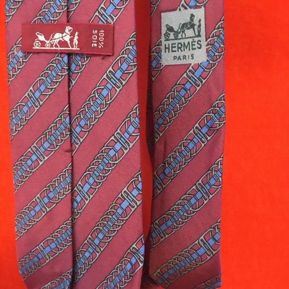 Hermes silk chain link print necktie pink classic France - Picture 3 of 5